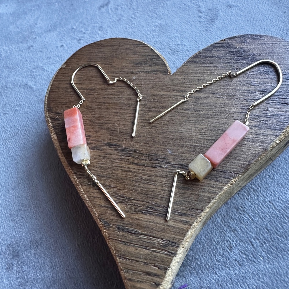 Stone Threader Earrings | Rose Quartz and Amber stones on gold dipped chain